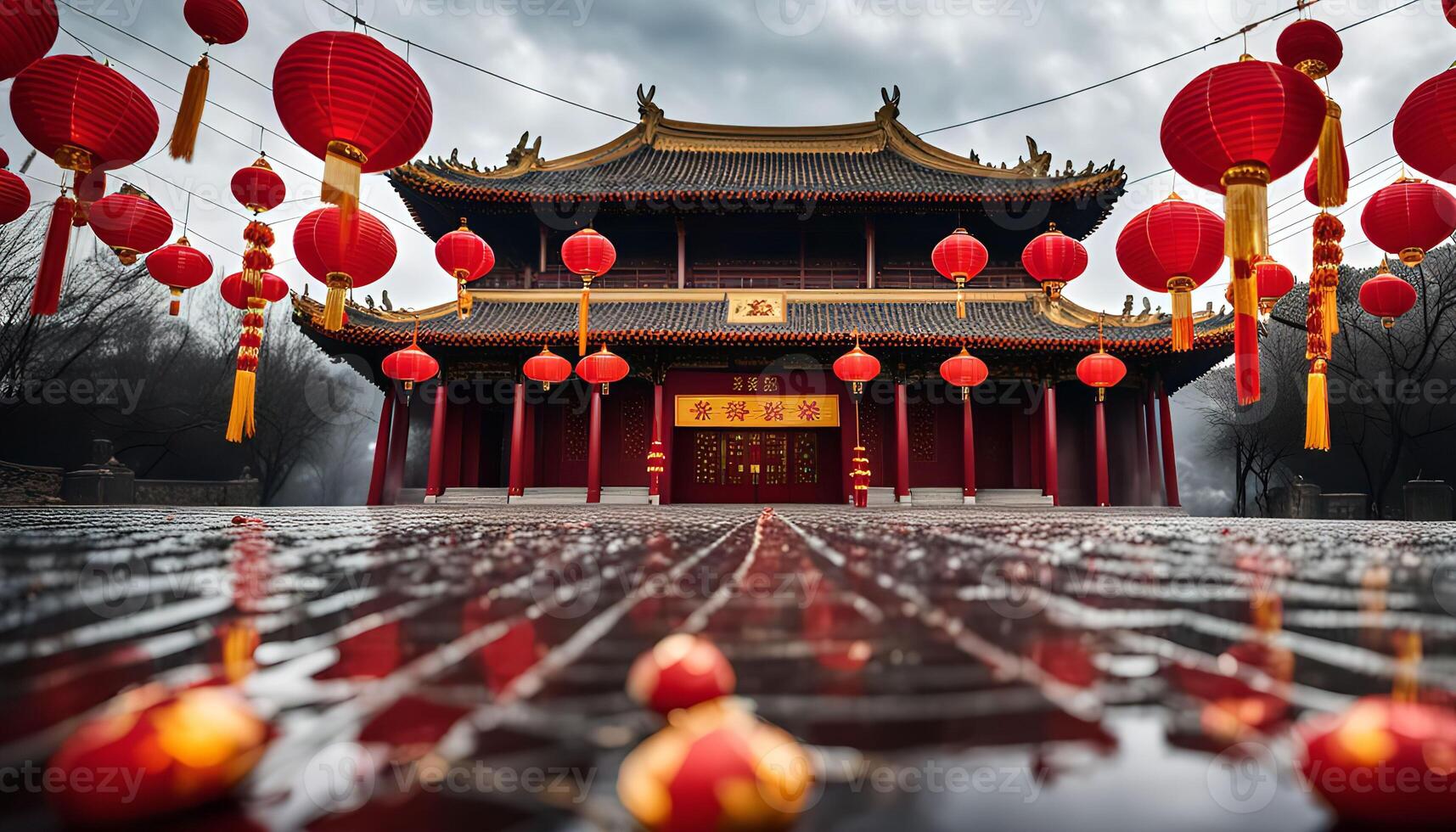 Chinese Temple Decorated with Red Lanterns photo