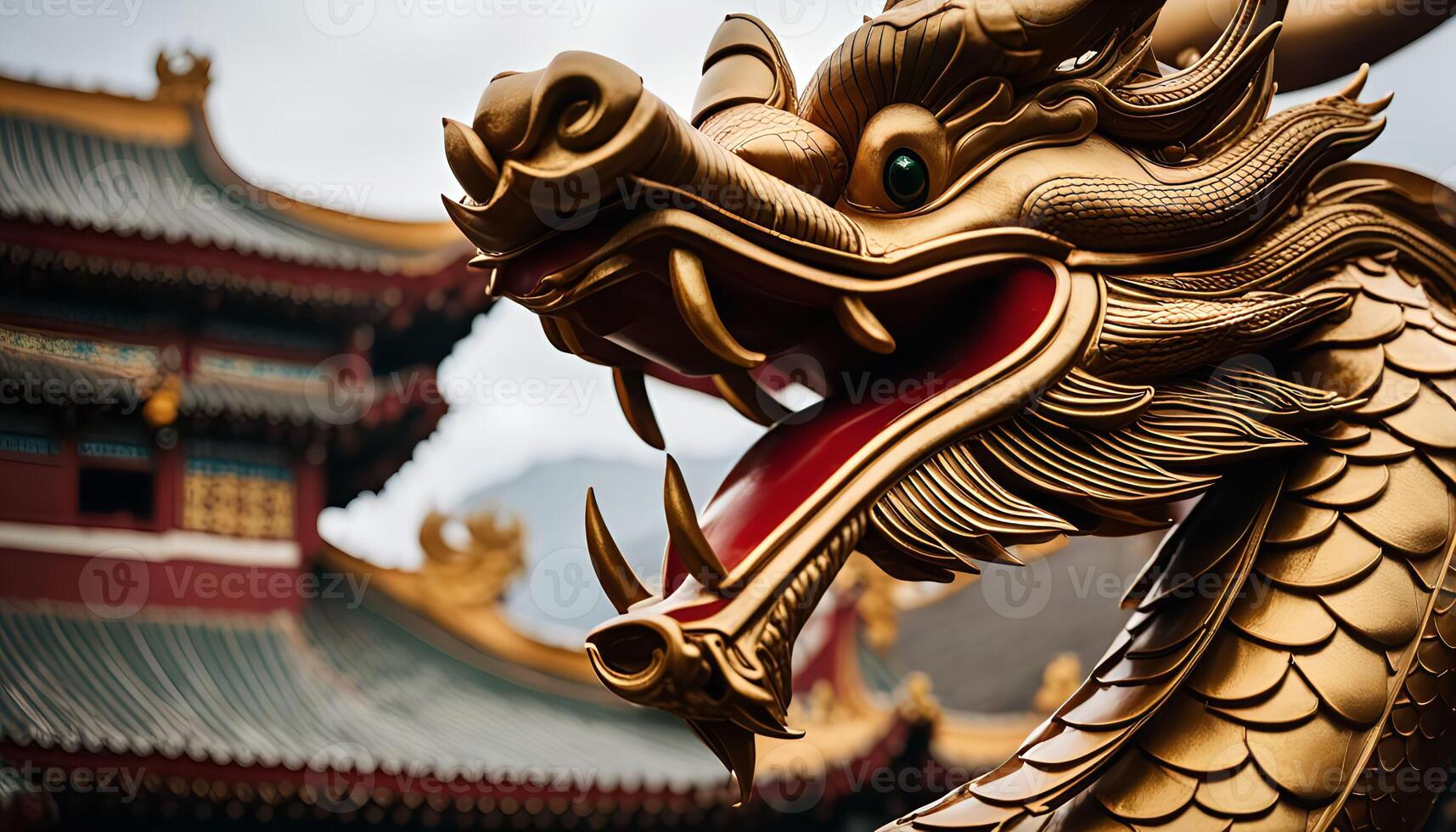 Close-up of a Golden Dragon Statue in China photo
