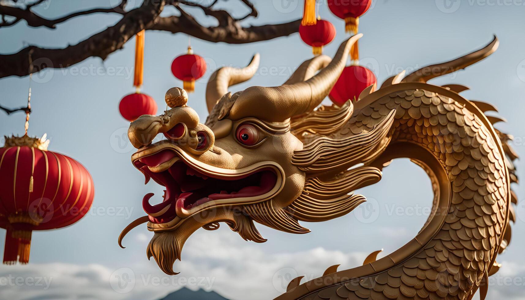 Golden Dragon Statue with Red Lanterns photo