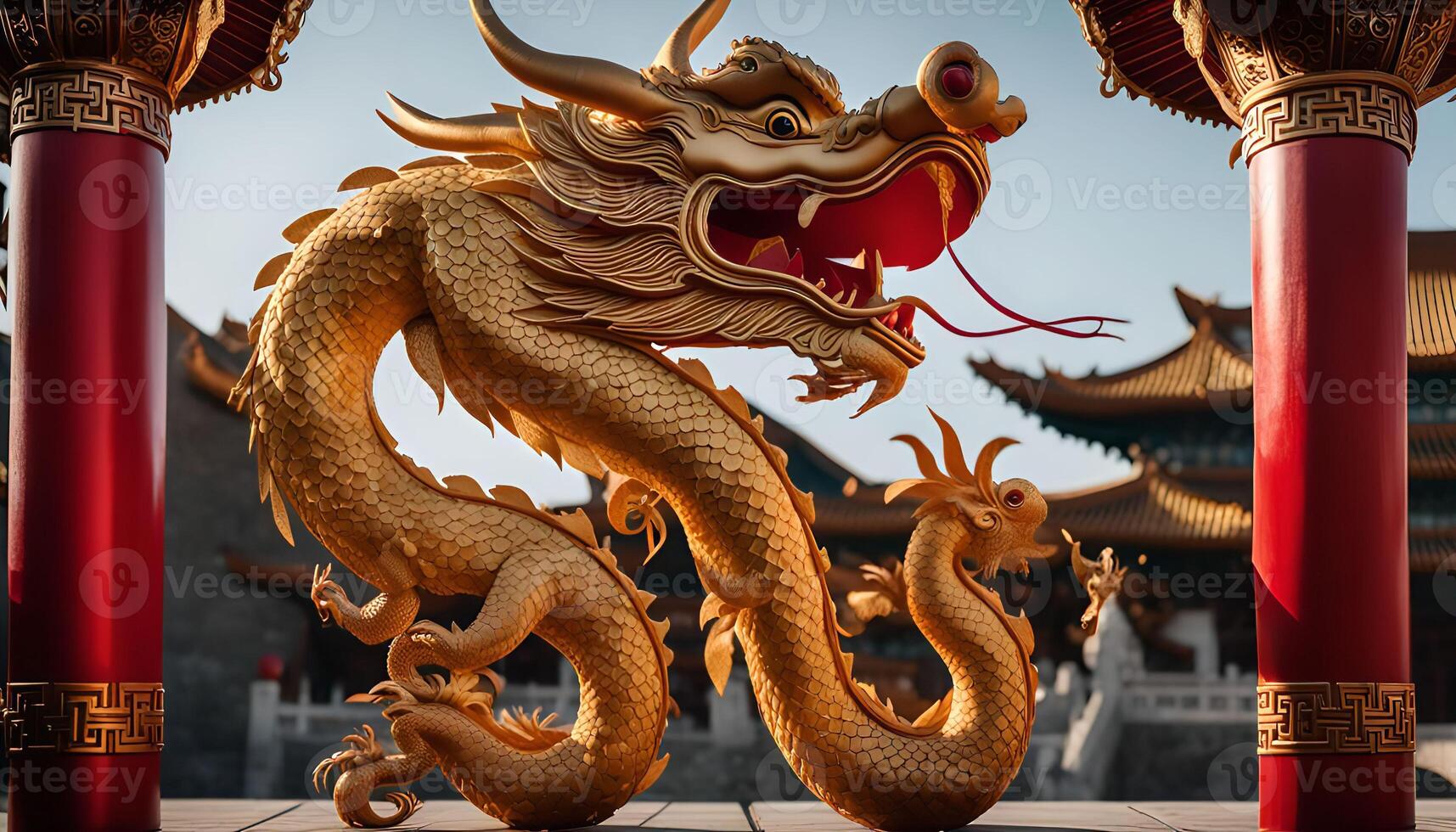 Golden Dragon Statue in Front of a Chinese Temple photo