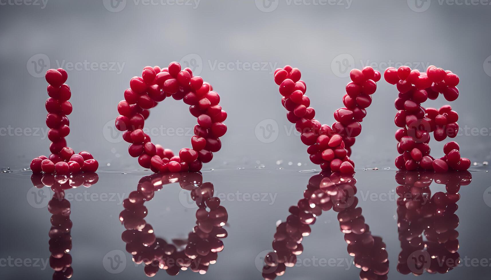 Creative arrangement of red berries spelling love on a reflective surface with soft lighting background photo