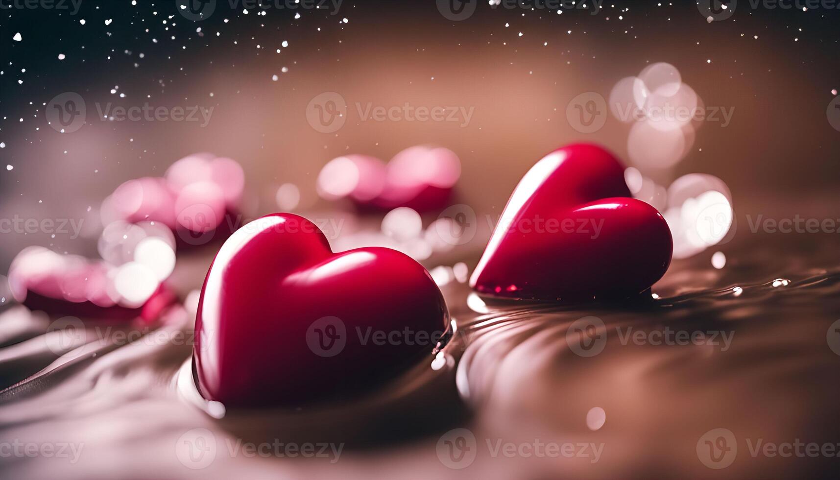 Red hearts floating on water, creating a romantic atmosphere with sparkles, ideal for love-themed decorations or celebrations photo