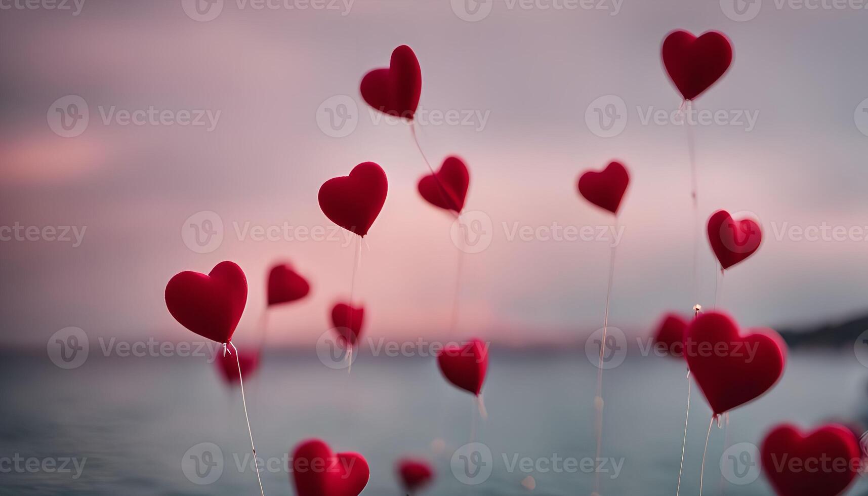 Heart Balloons Floating Over the Sea photo