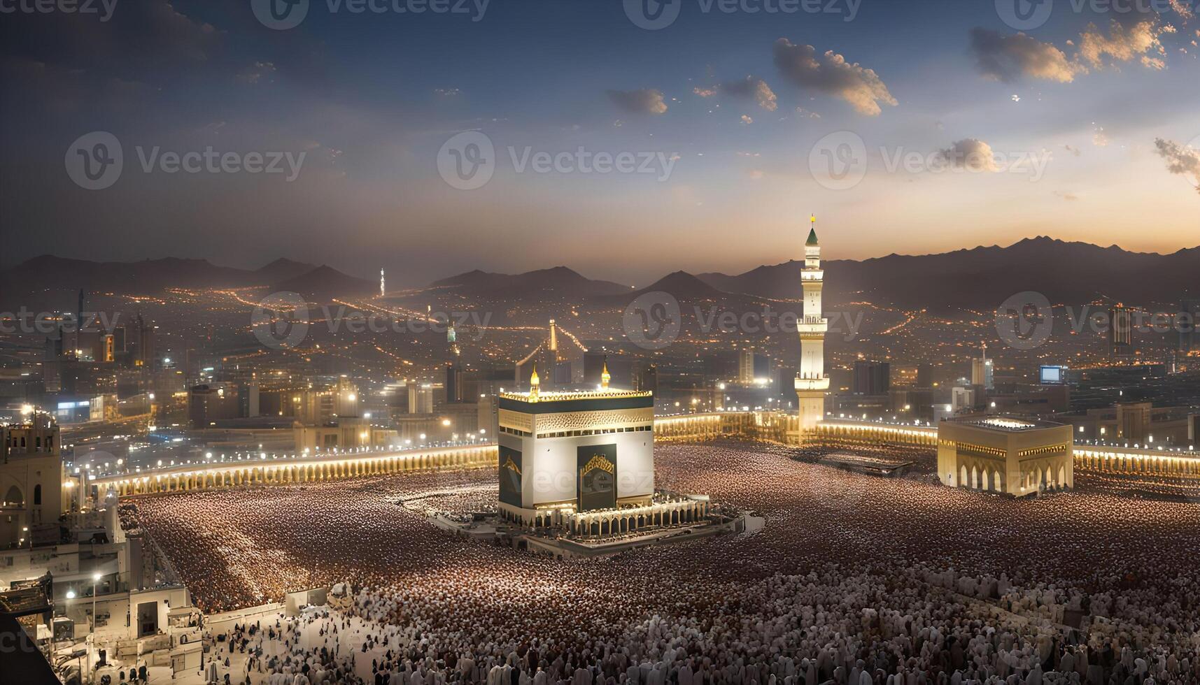 Aerial View of the Grand Mosque in Mecca at Dusk photo