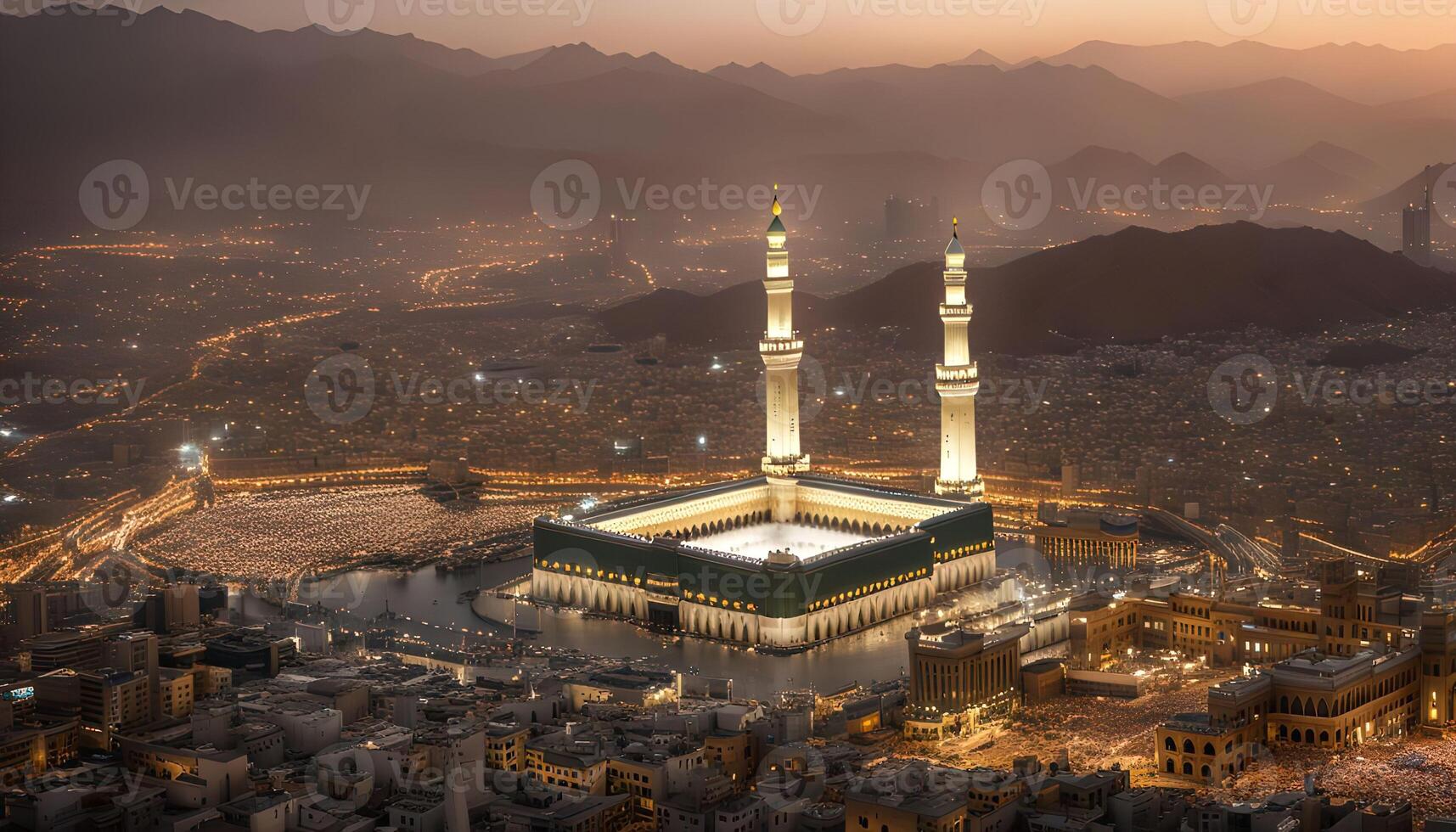 Aerial View of the Grand Mosque in Mecca at Dusk photo