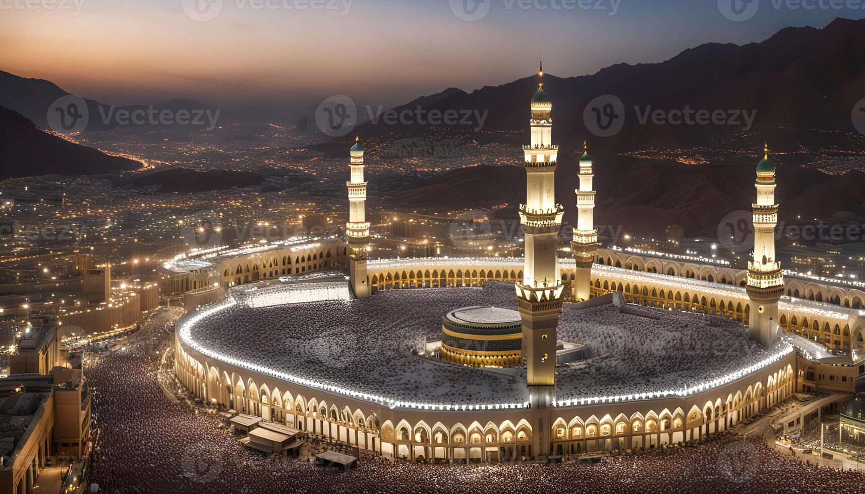 Aerial View of the Grand Mosque in Mecca at Dusk photo