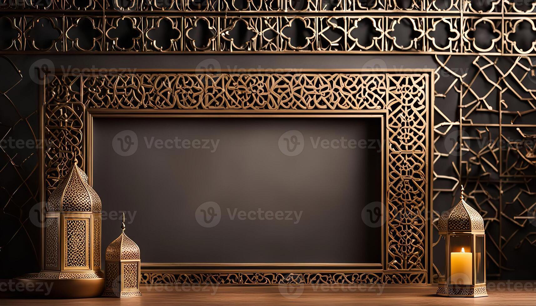 Islamic Ramadan Background With Golden Ornamental Frame and Lanterns photo