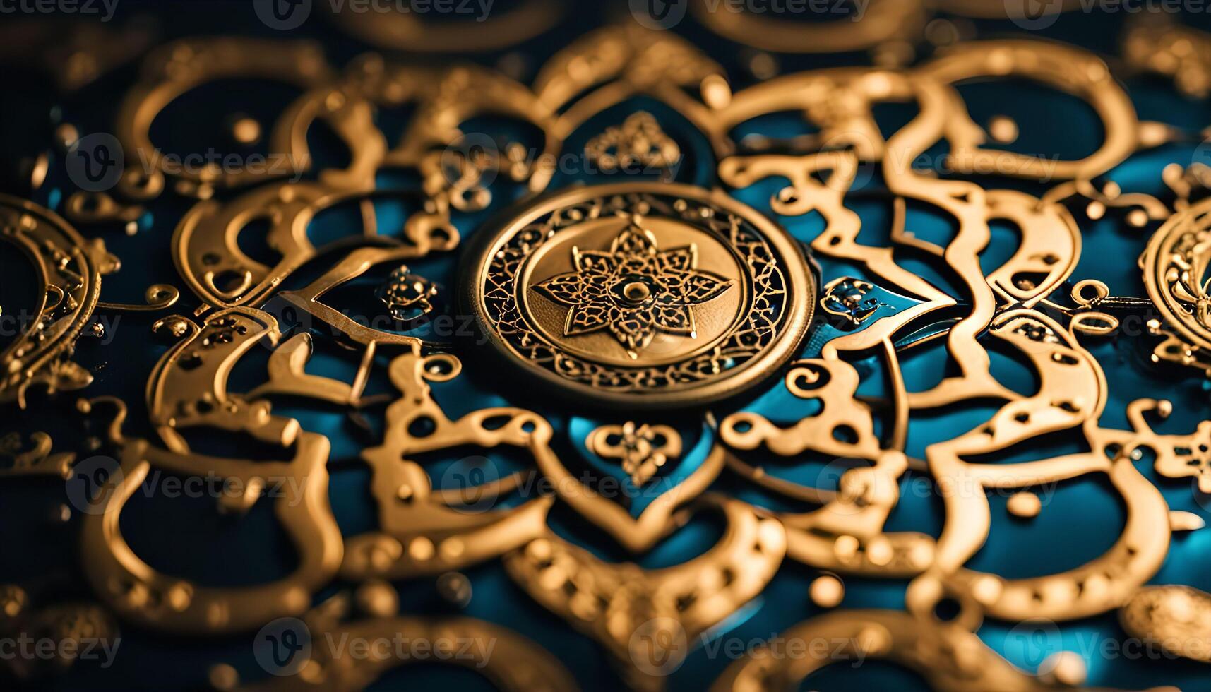Intricate Golden Mandala on a Blue Background photo