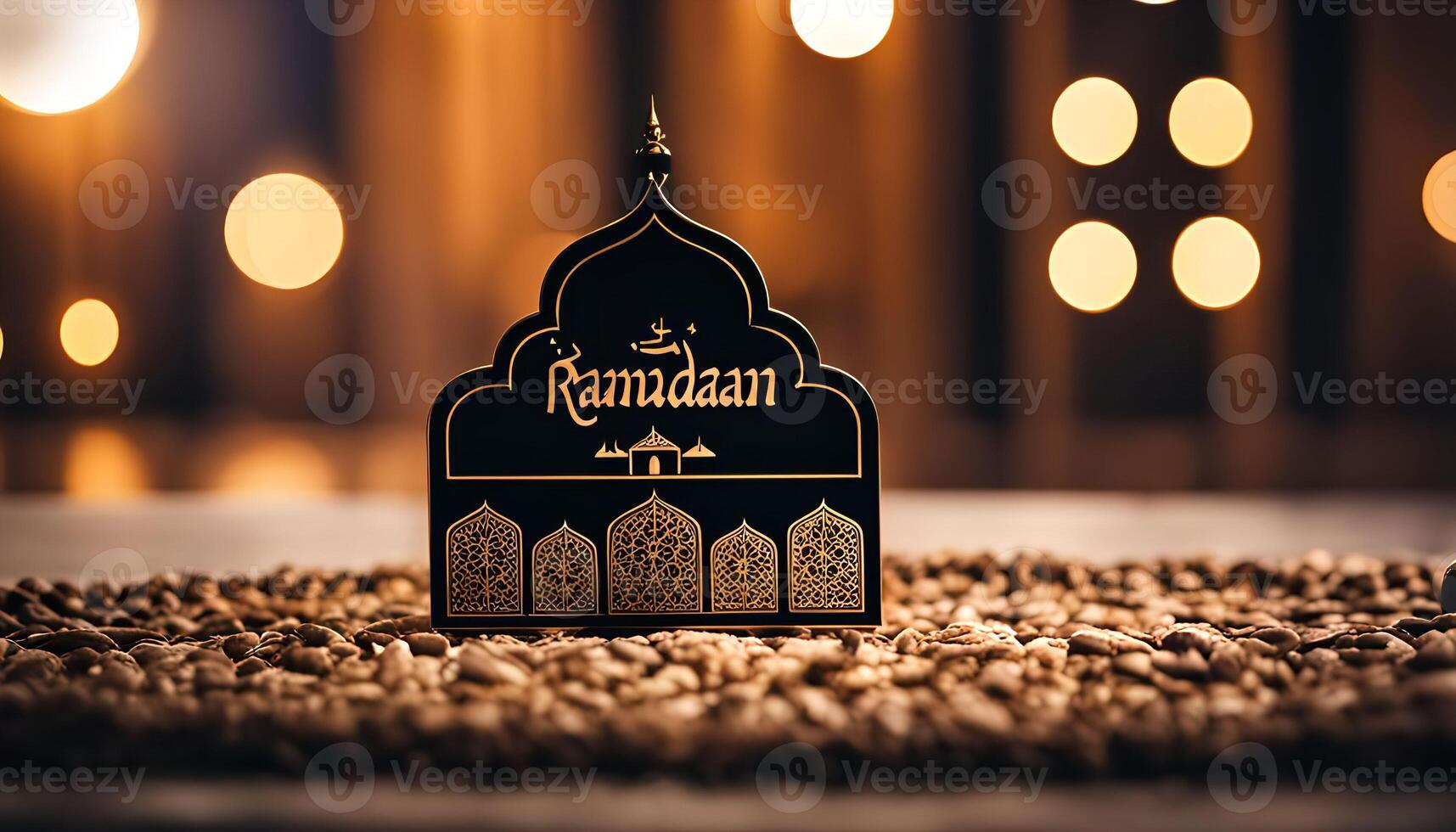 Ramadan Greeting Card with Golden Details and Blurred Lights in the Background photo