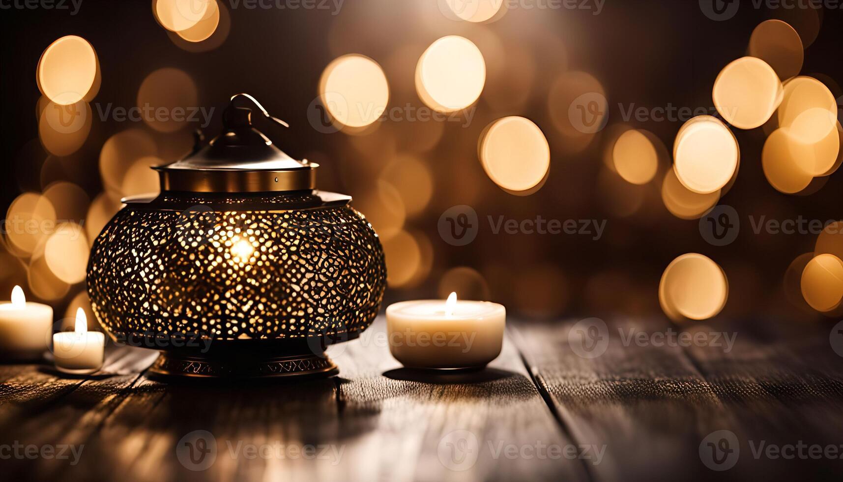 Ornamental Lantern and Candles with Warm Bokeh Lights photo