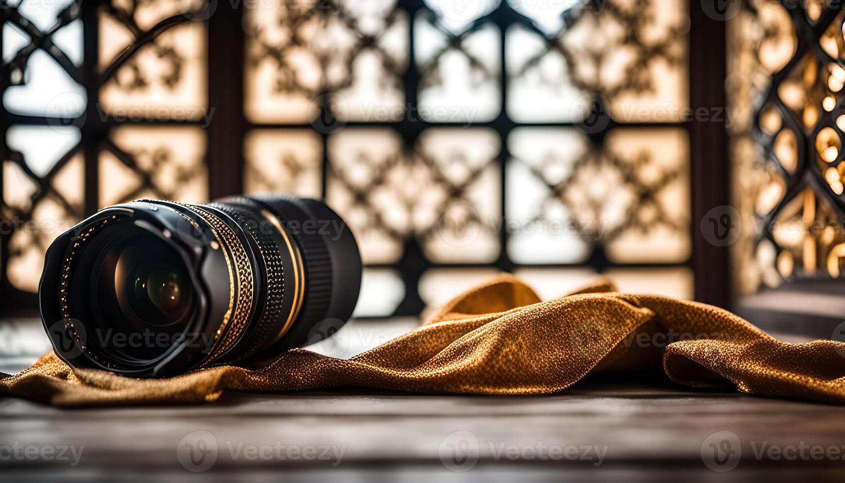 Golden Lens and Fabric on Wooden Table with a Lattice Background photo