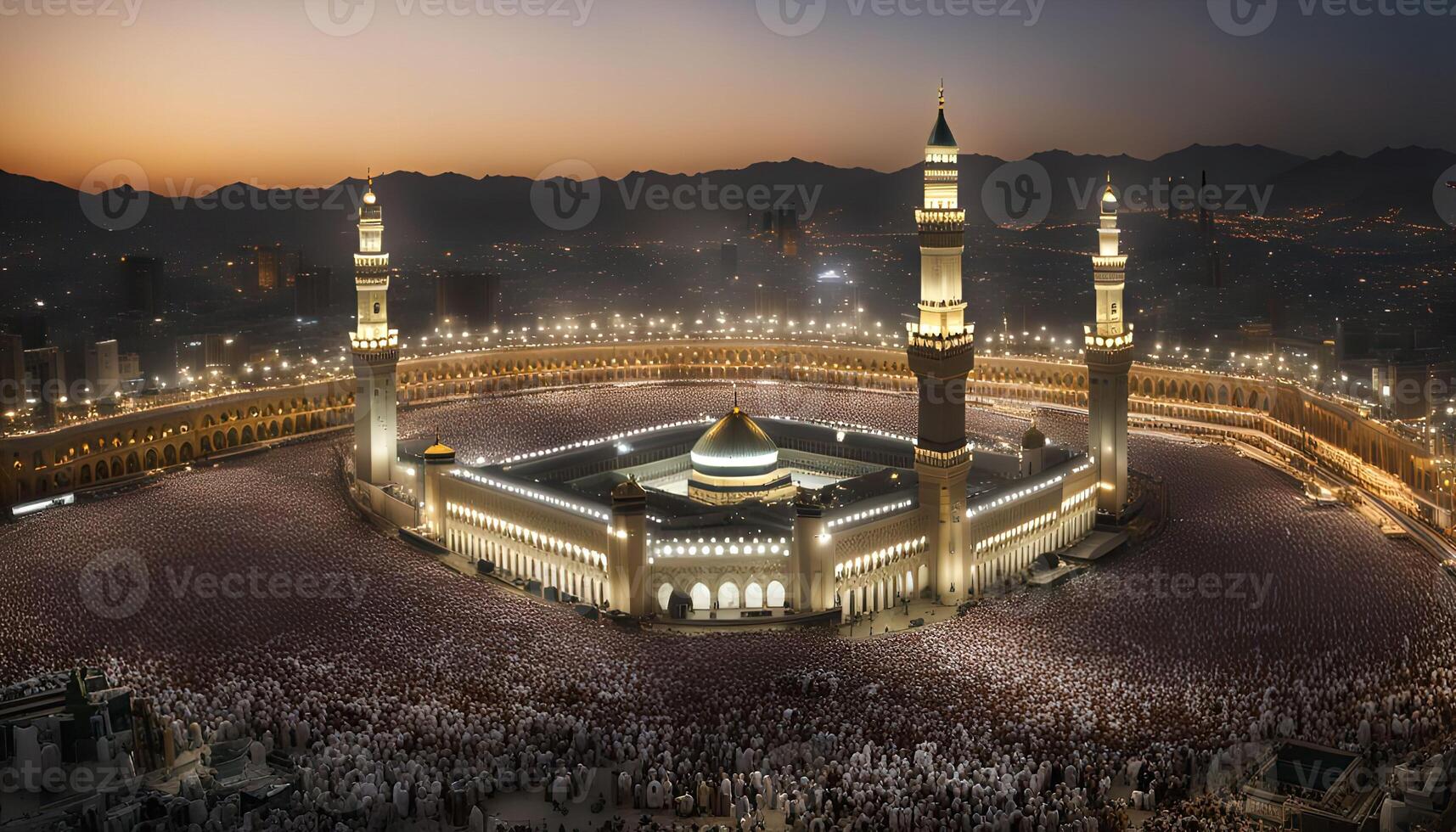 Masjid al-Haram, the Grand Mosque in Mecca, Saudi Arabia during sunset, filled with people praying photo