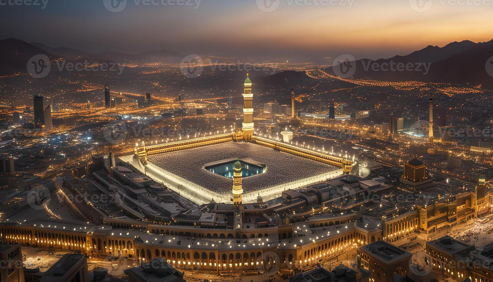 Aerial View of the Masjid al-Haram in Mecca at Dusk photo
