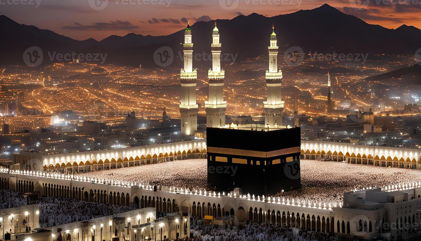 The Kaaba, Islam s holiest site in Mecca, Saudi Arabia, with illuminated minarets and a panoramic view of the city at night. photo