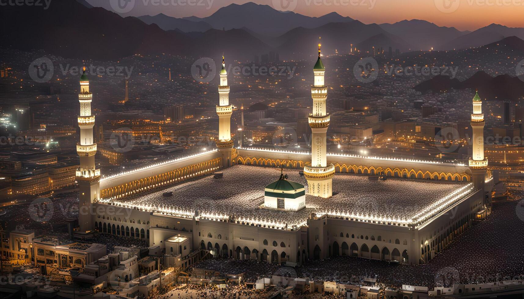 Aerial view of the Masjid al-Haram in Mecca at sunset photo