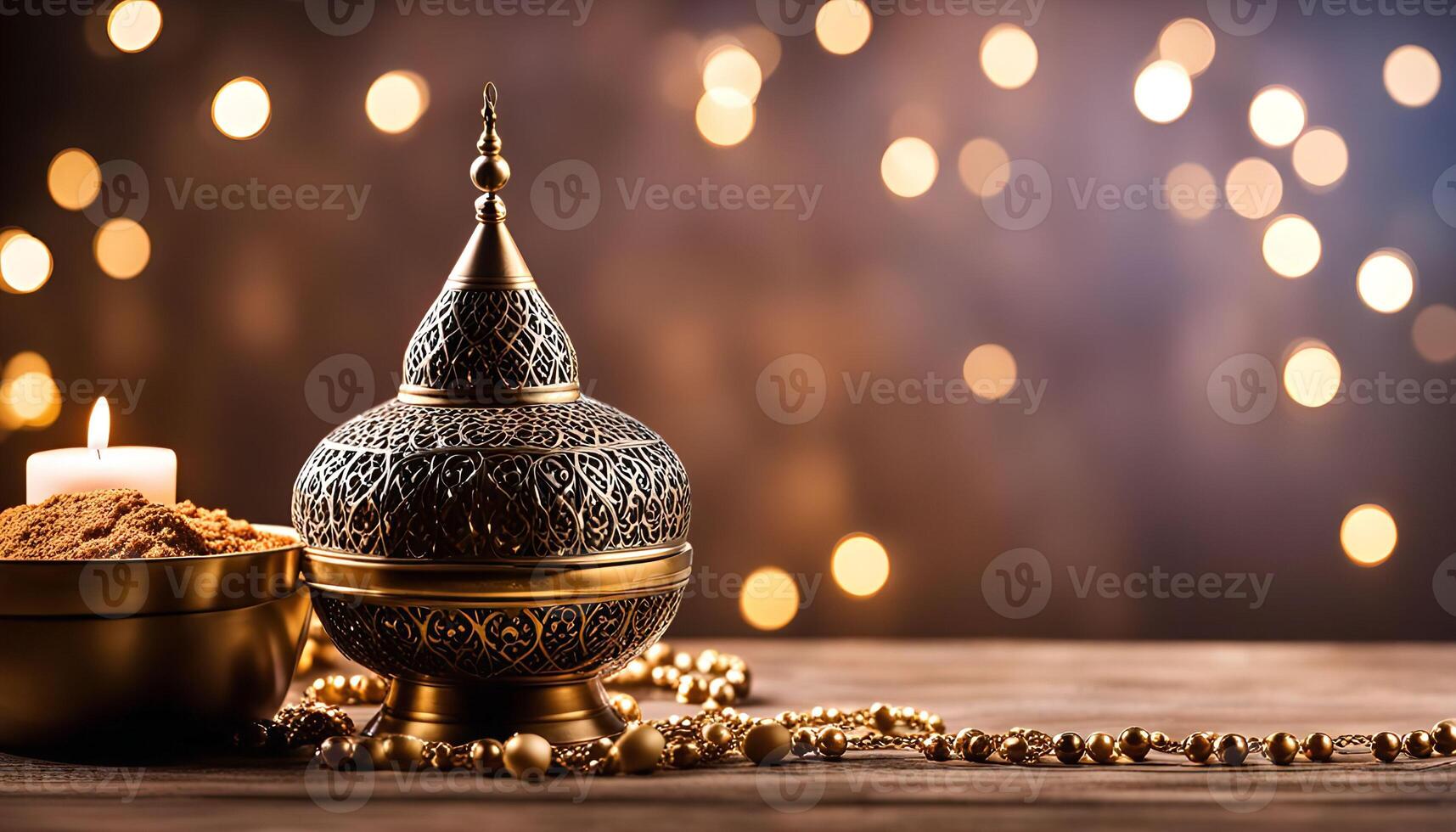 Golden Incense Burner and Candle with Bokeh Background photo