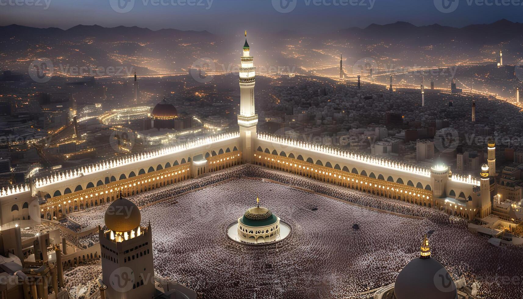 Aerial View of the Grand Mosque in Mecca at Night photo
