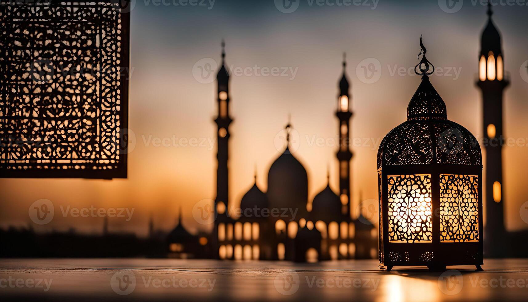 Ramadan Lantern with Mosque in the Background photo