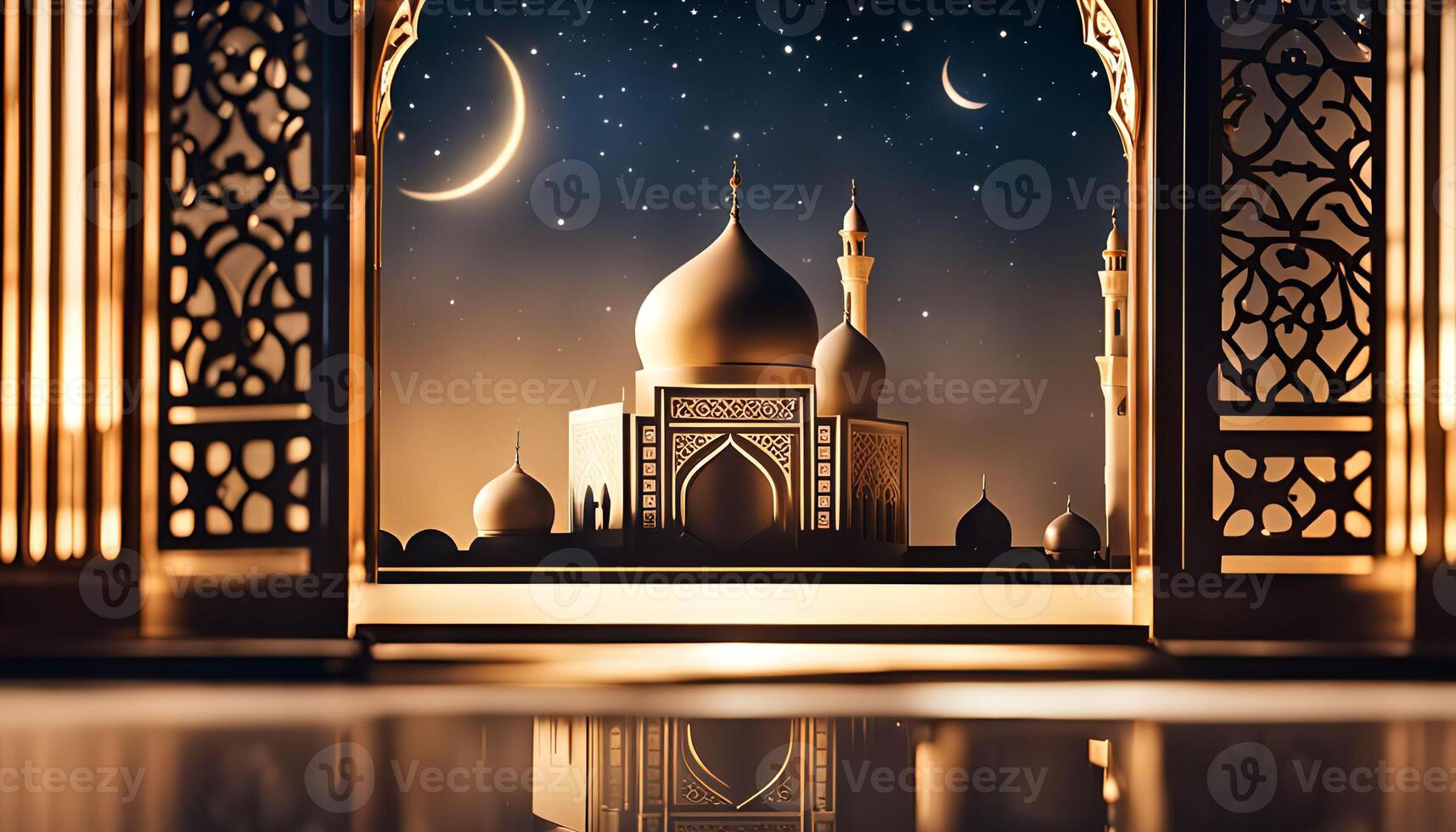Mosque View with Crescent Moon and Stars photo
