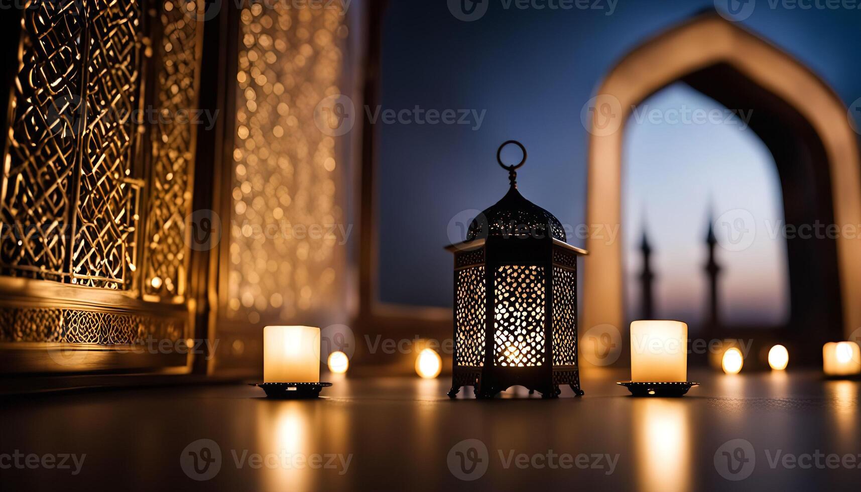 Ornate Lantern and Candles in Mosque Setting photo
