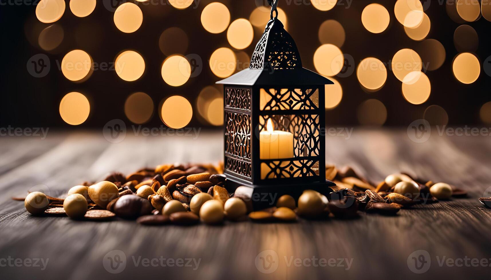 Ornamental Lantern with Candlelight and Nuts on Wooden Table photo