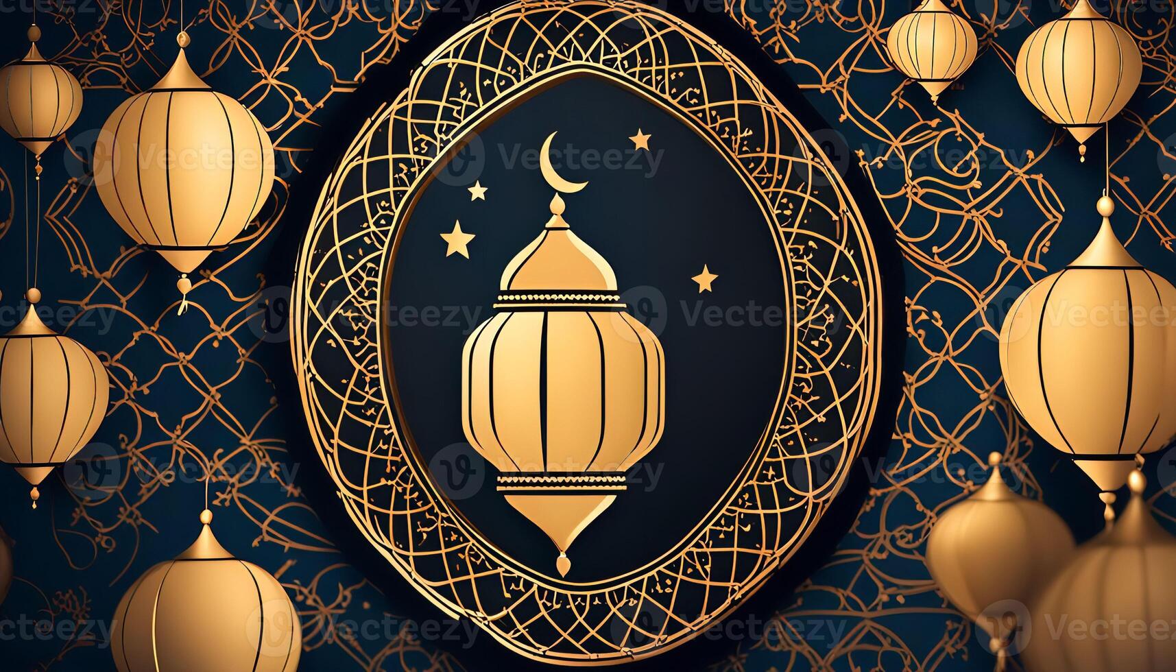 Islamic Golden Lanterns with Ornamental Background photo