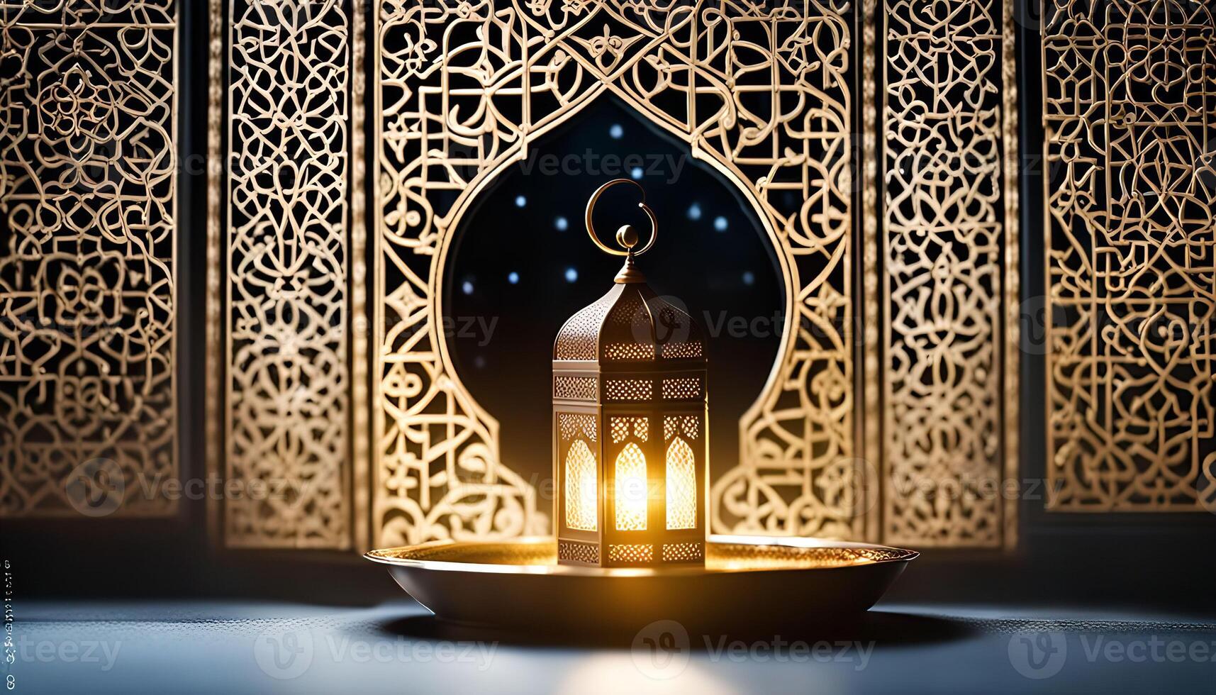 Ornate Lantern on Tray with Golden Intricate Background photo