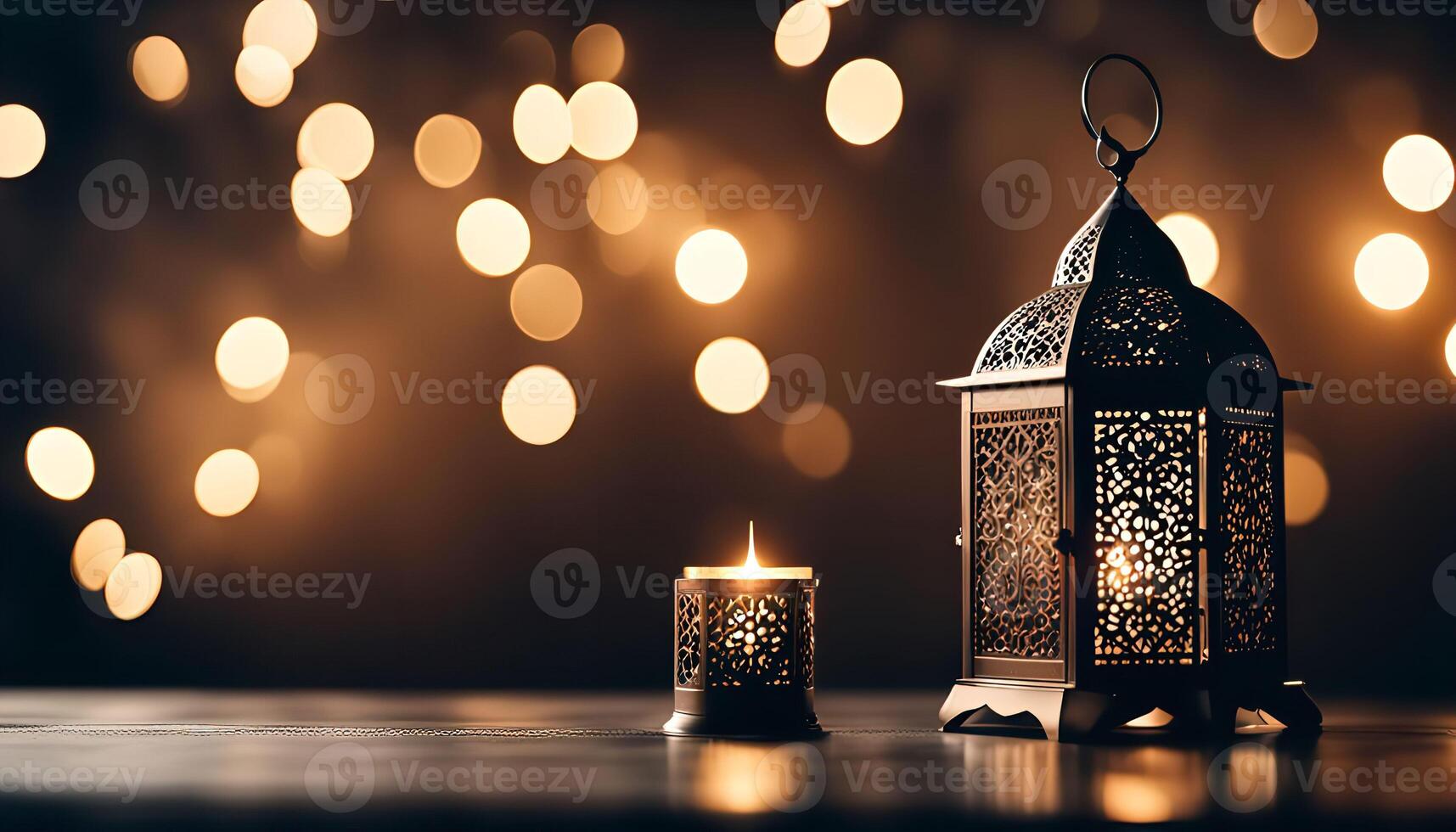 Ornate Ramadan Lantern and Candle on a Table with Bokeh Lights photo