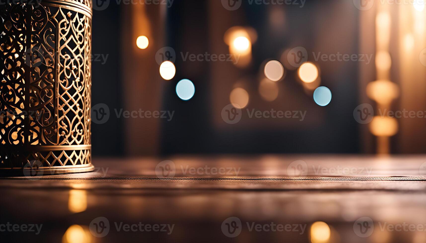 Ornamental Lantern on Wooden Table with Bokeh Lights photo