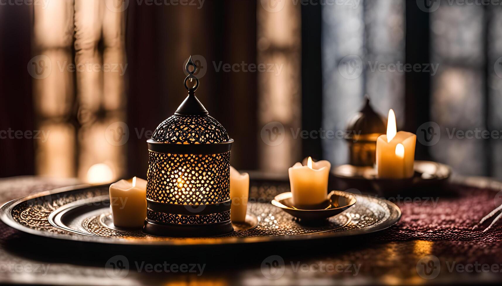 Ornate Lantern and Candles on a Table photo