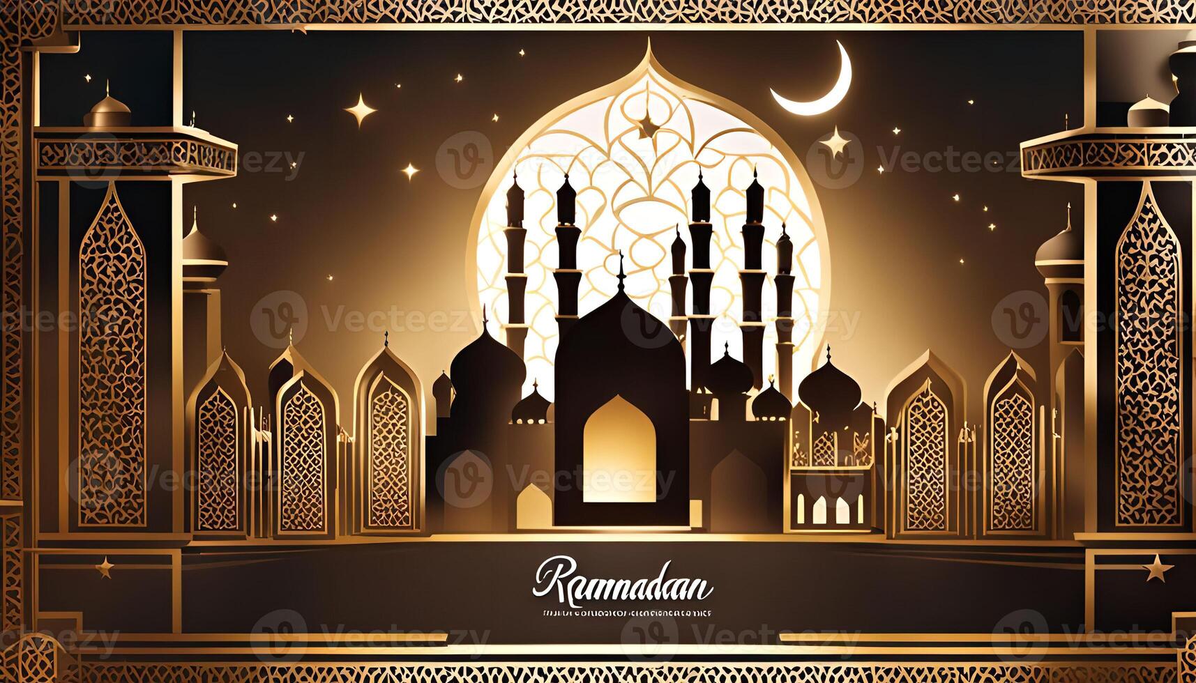 Ramadan Mubarak Greeting Card With Gold Mosque Silhouettes and Crescent Moon photo