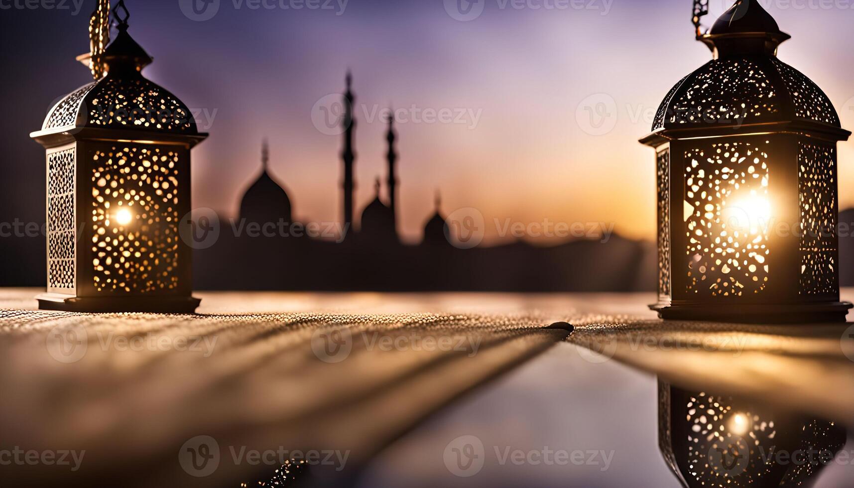 Luminous Lanterns Against a Silhouetted Mosque at Sunset photo