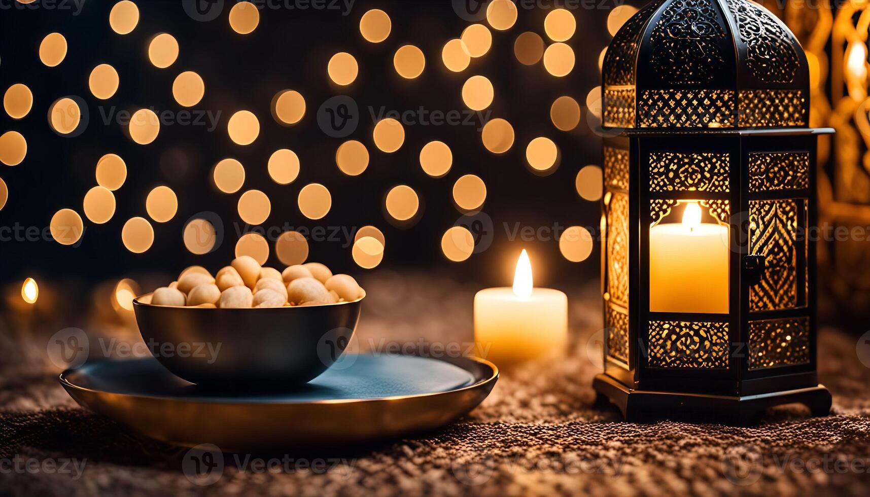 Ramadan Lantern with Nuts and Candles photo