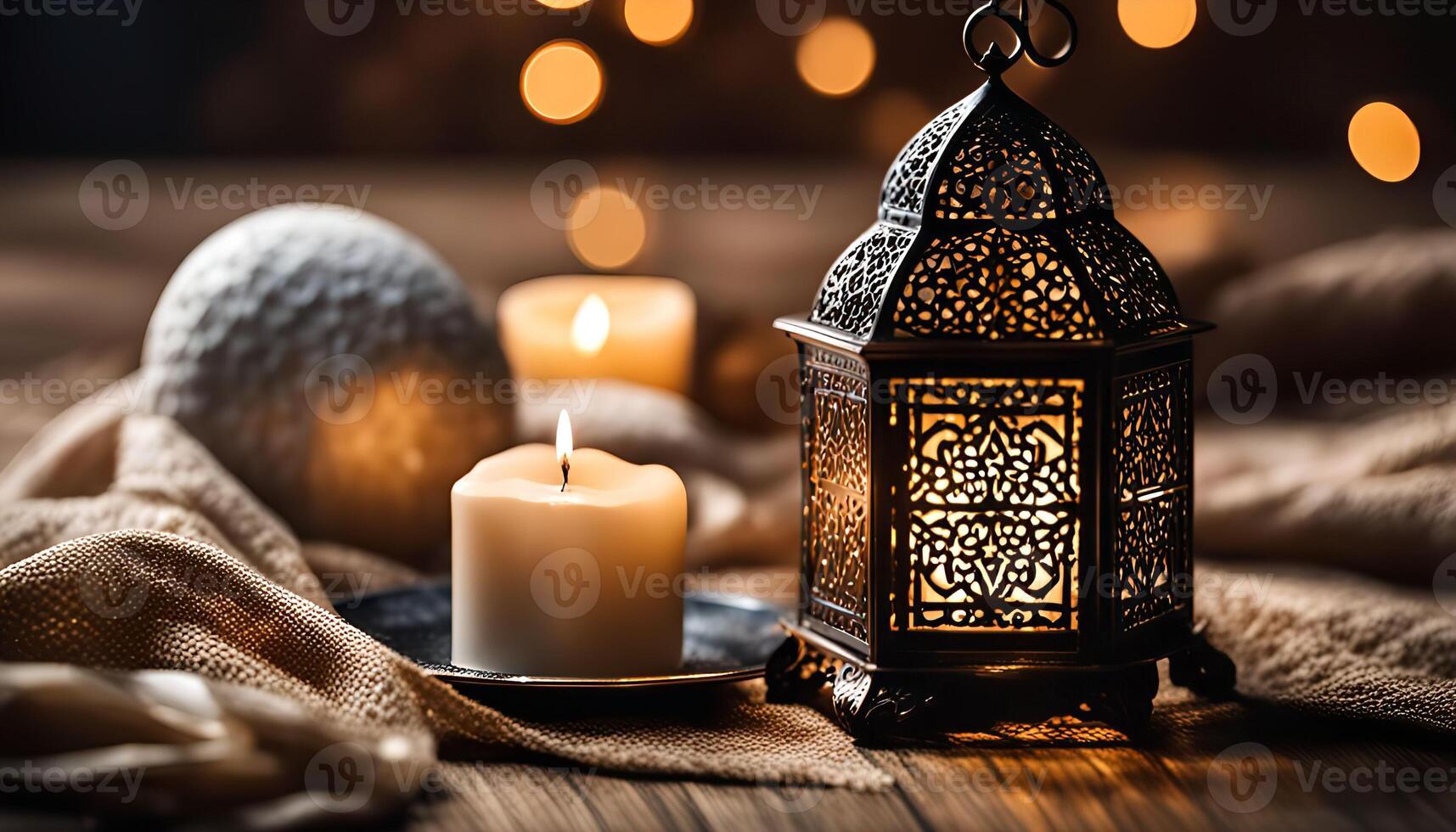 Ornamental Lantern and Candles on a Rustic Table photo