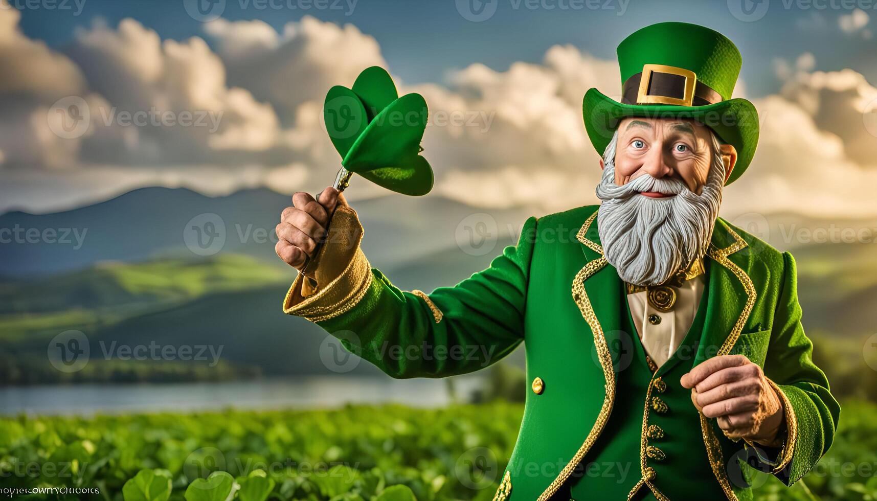 Leprechaun Holding a Shamrock in a Green Field photo