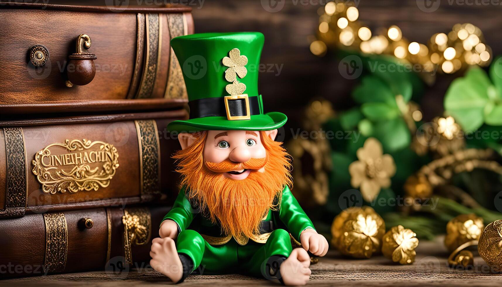 Leprechaun figurine with a green hat and a red beard sitting on a wooden table with decorations around it. photo