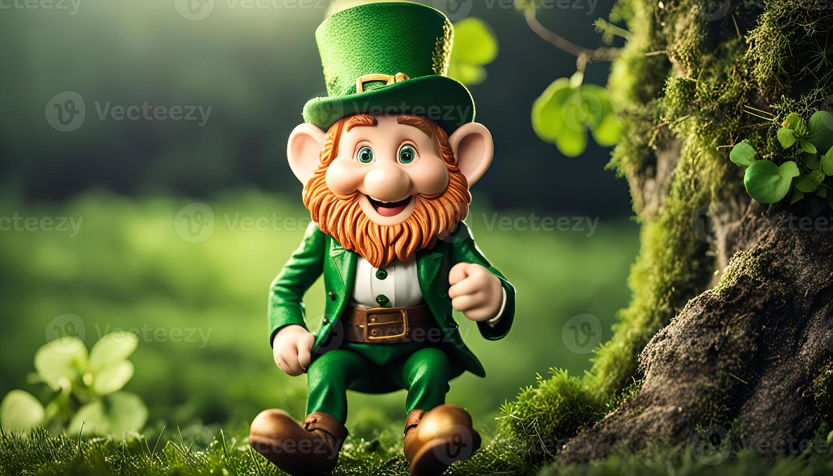 Smiling Leprechaun Figure in a Green Forest photo