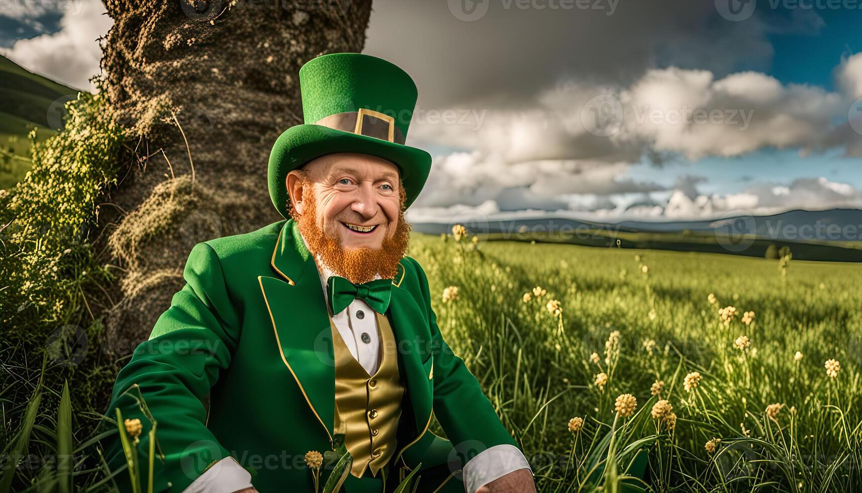Smiling Leprechaun in a Green Field photo