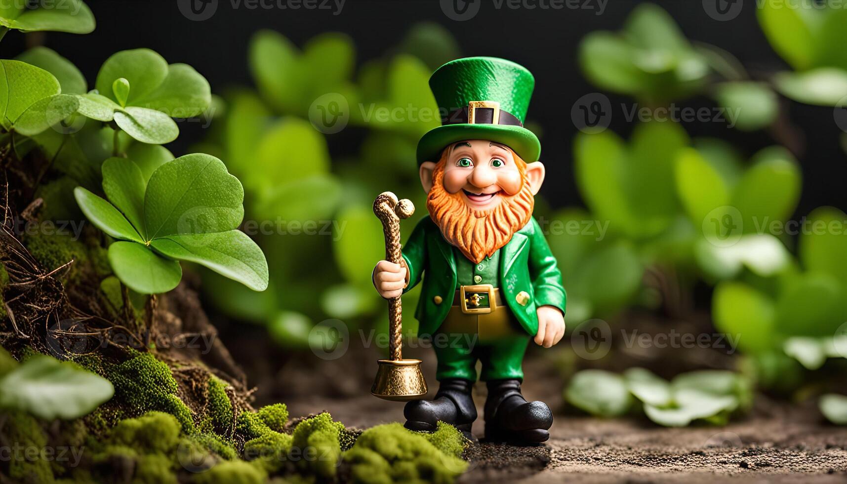 Leprechaun Figurine with a Golden Stick and Green Hat photo