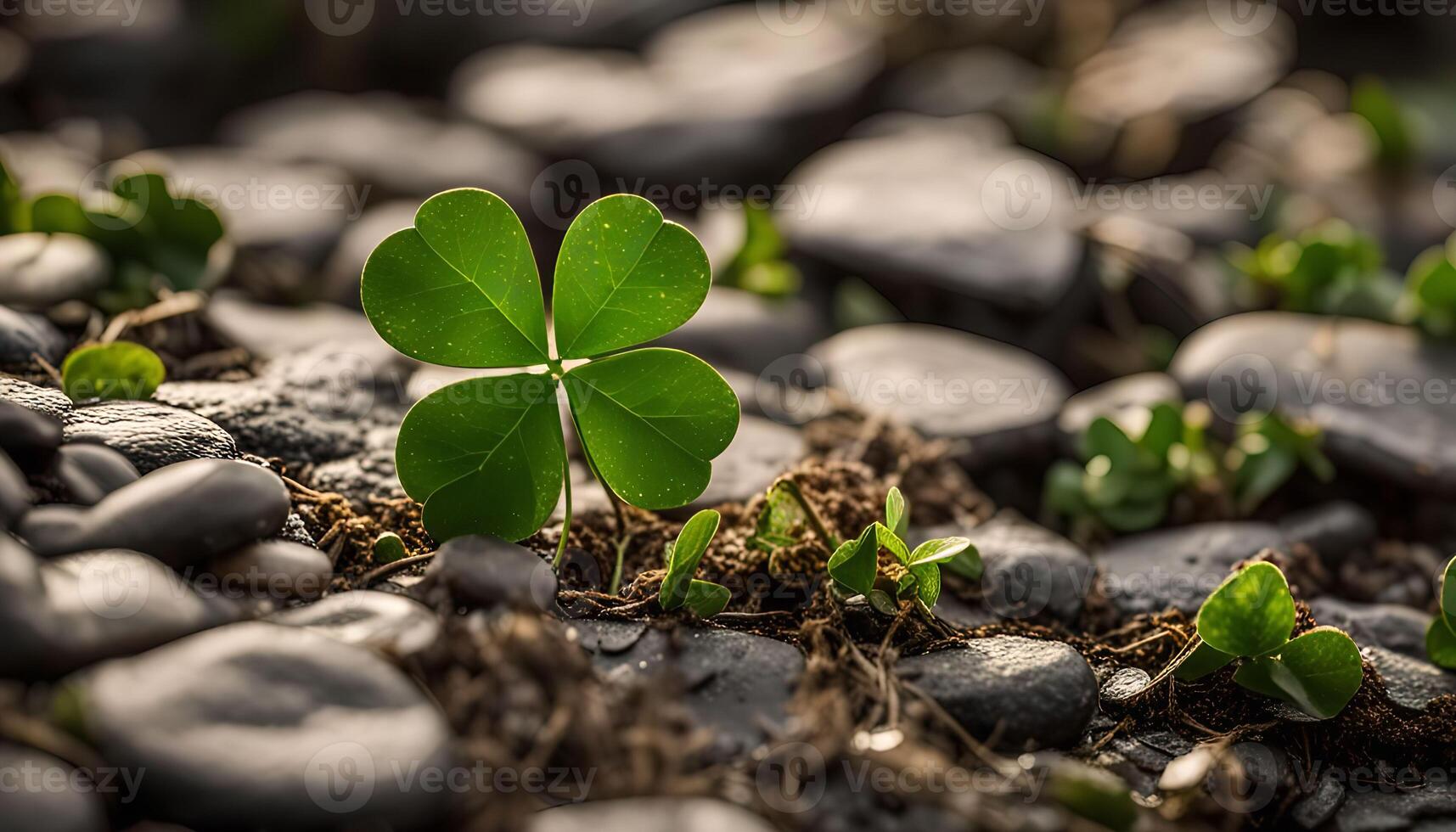 Four Leaf Clover Growing Through Stones photo