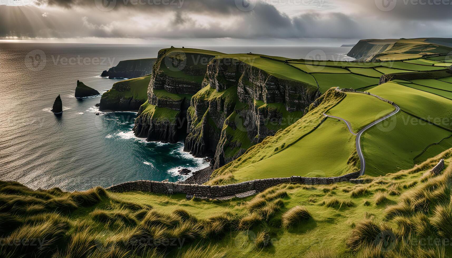 Dramatic Cliffs and Rolling Green Fields photo