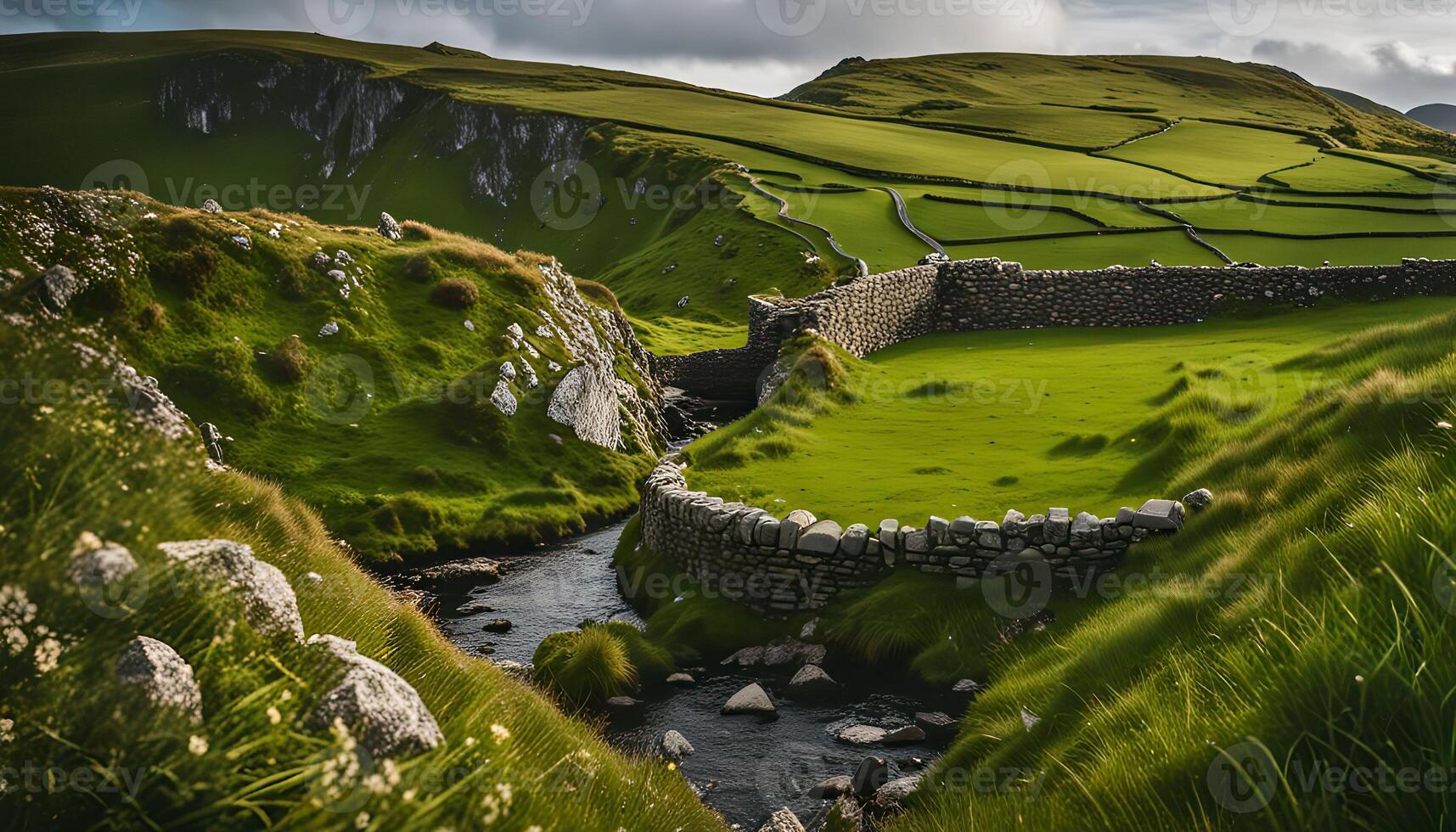 Serene Stream Winding Through Lush Green Valley photo