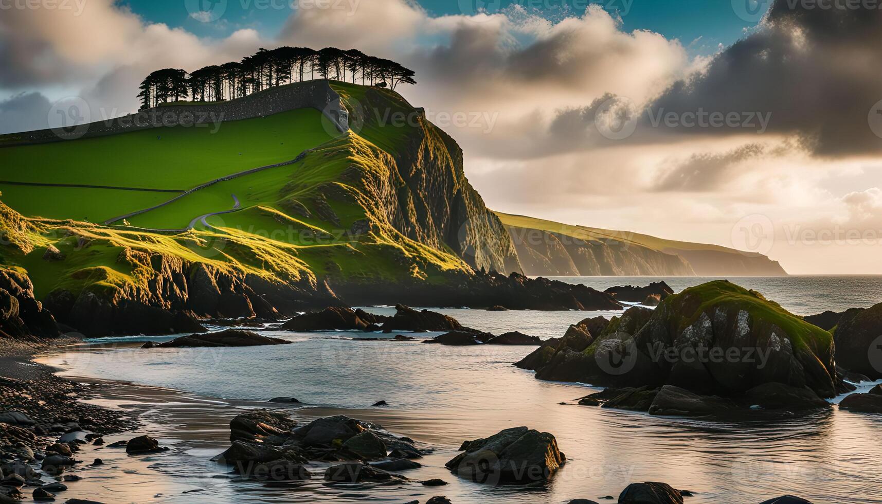 Serene Coastal Landscape with Lush Green Hills photo