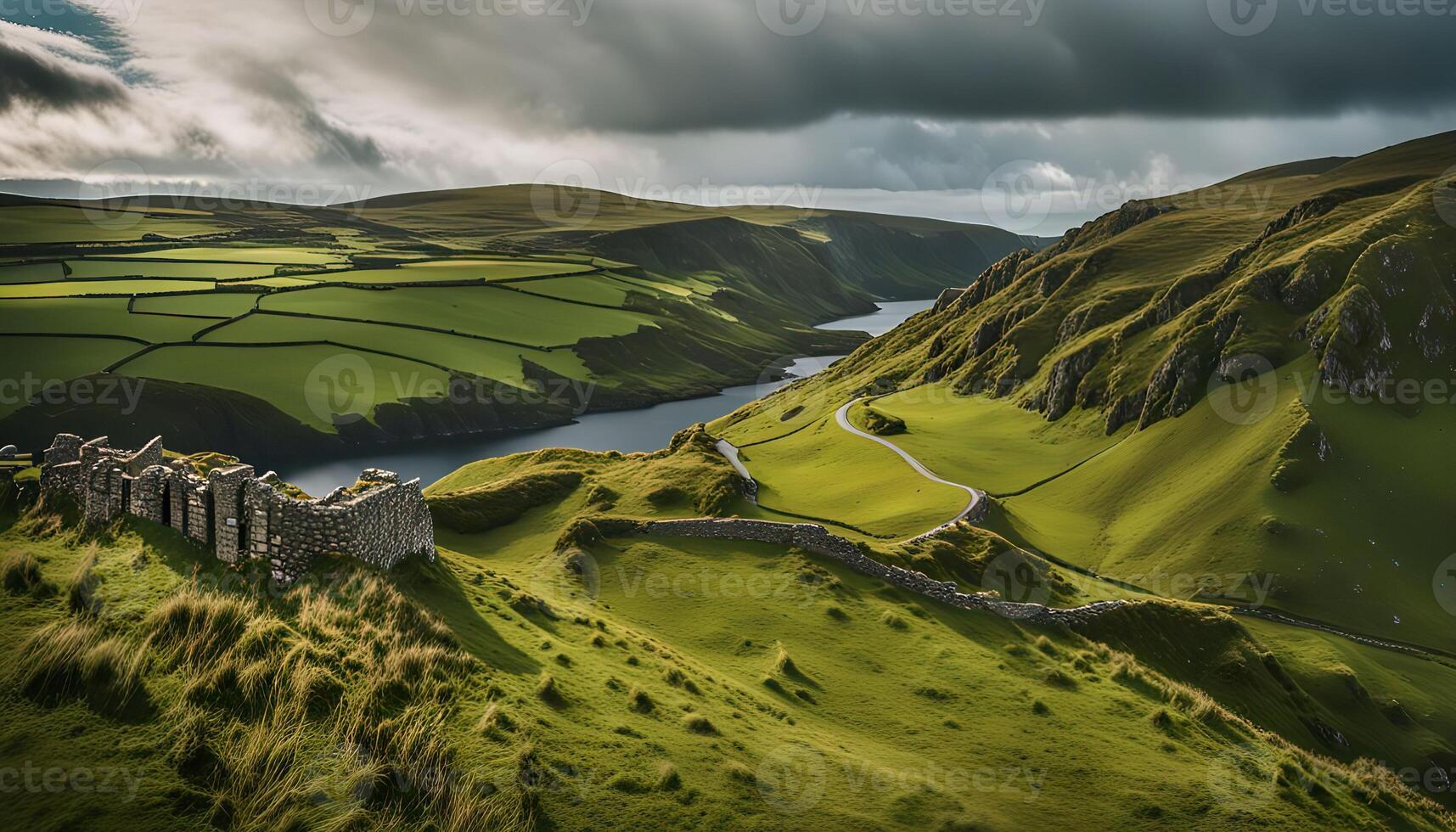Serene Landscape with Winding Road and Stone Ruins photo