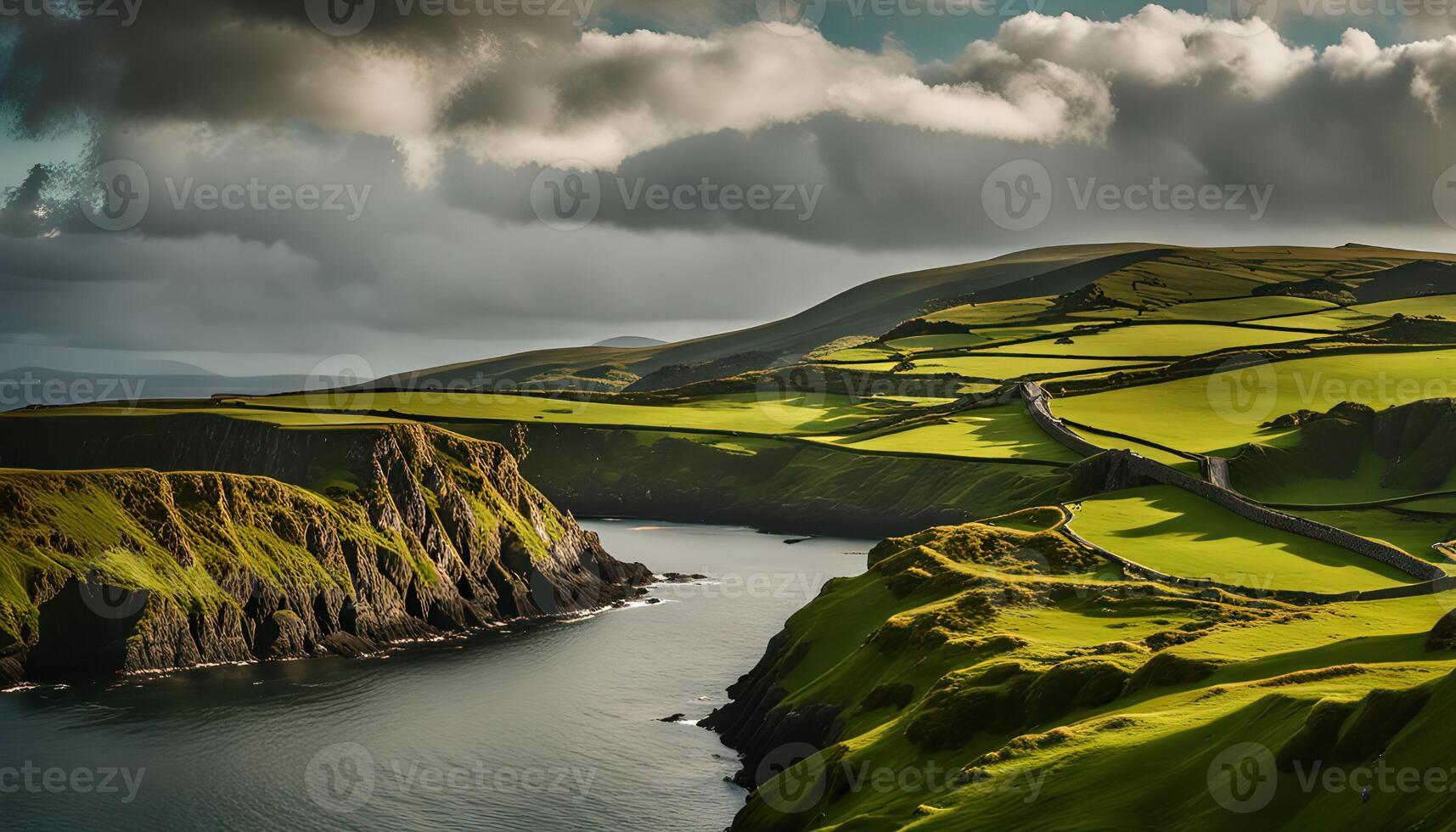 Scenic Coastal Landscape with Rolling Hills and a Winding Road photo