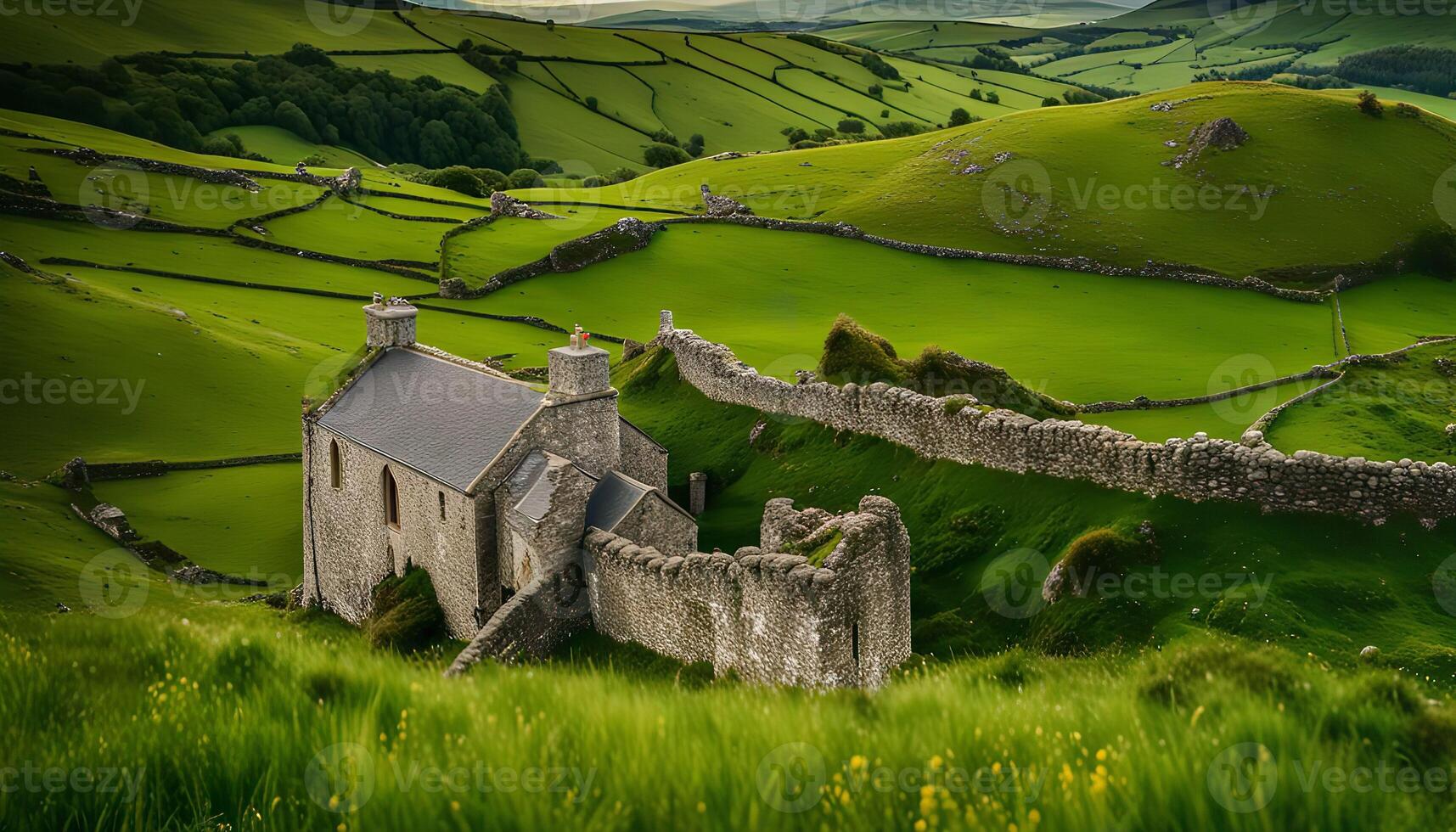 Ancient Church in Rolling Green Hills photo