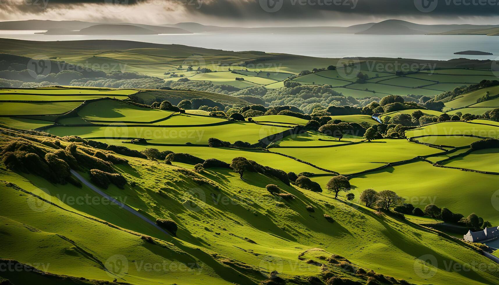 Rolling Green Hills with a Distant Sea photo