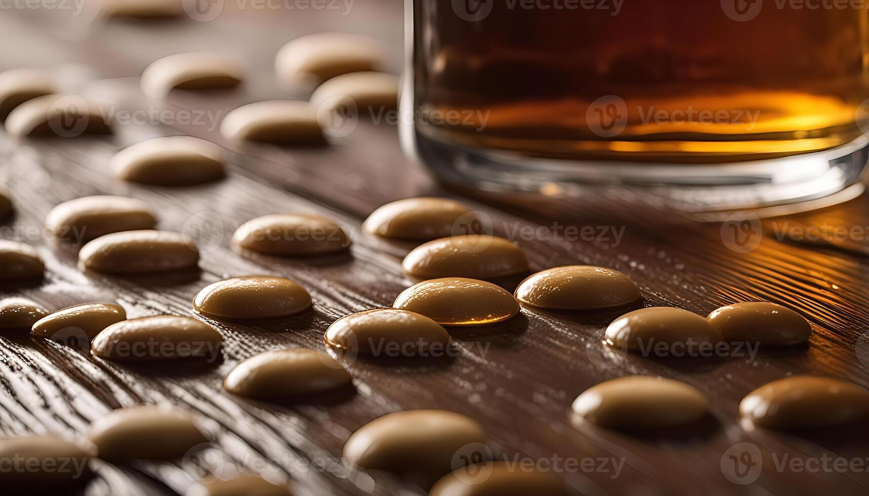 Closeup of Brown Drink on Wood Table with Candy photo