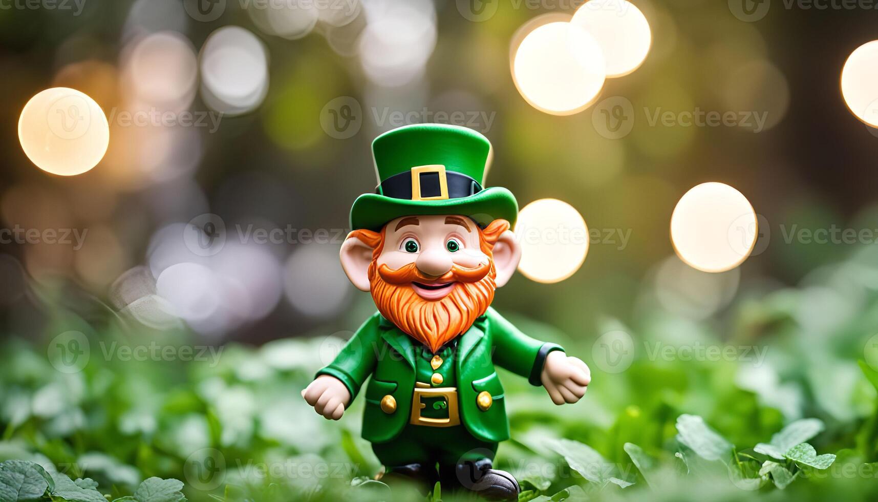 Leprechaun figurine in a green field with blurred background of lights photo