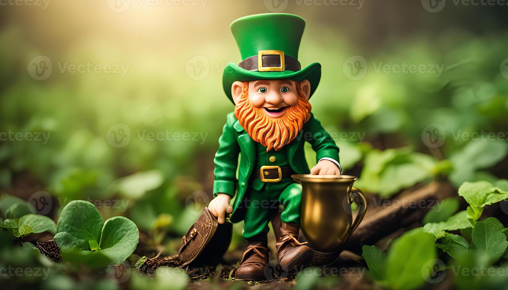 A Leprechaun Holding a Pot of Gold in a Lush Forest photo